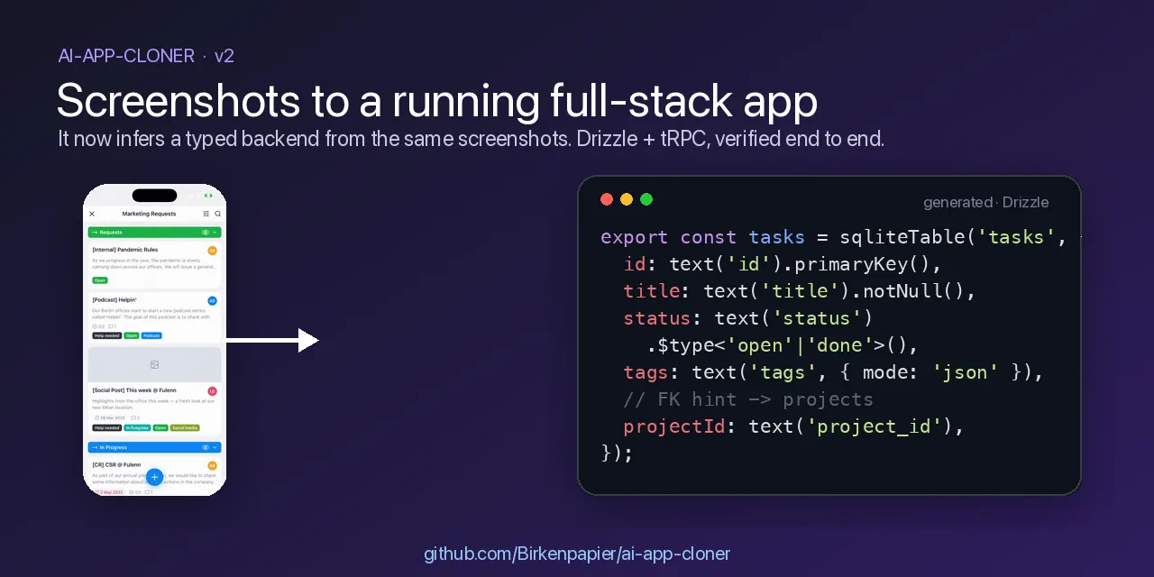 ai-app-cloner: aus Bildschirmfotos wird eine lauffähige App mit typisiertem Backend