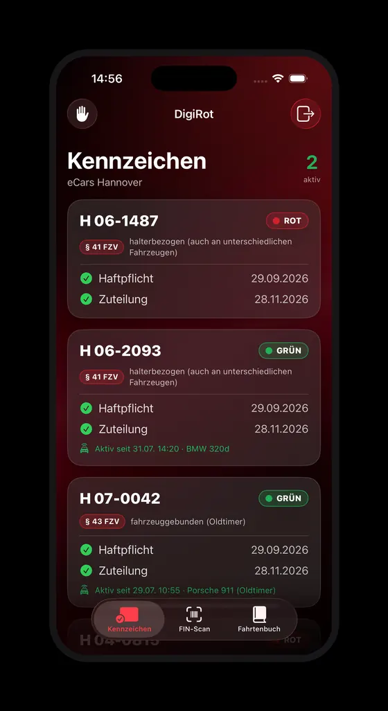 DigiRot: Übersicht der roten Kennzeichen mit Haftpflicht und Zuteilung